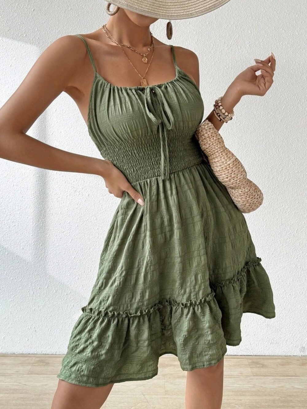 Green Boho Women's Front Tie Bow Floral Pleated Ruched Sleeveless Vacation Dress - Picture 5 of 7